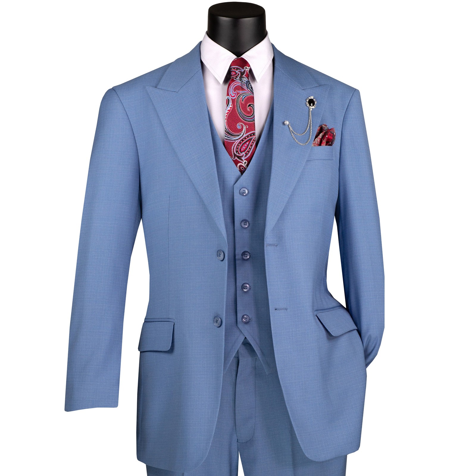 VINCI Men’s Blue Textured Weave 3 Piece Regular Fit Suit w/ Flex Waist – NEW