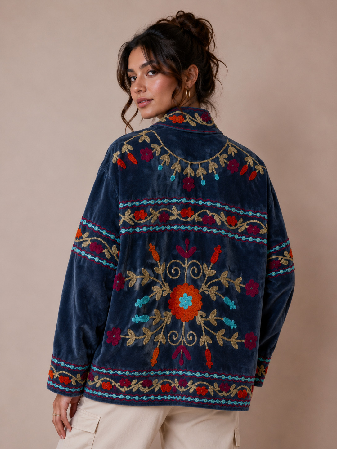 Blue Velvet Suzani Embroidered Jacket Floral Women Boho Festival Statement Coat