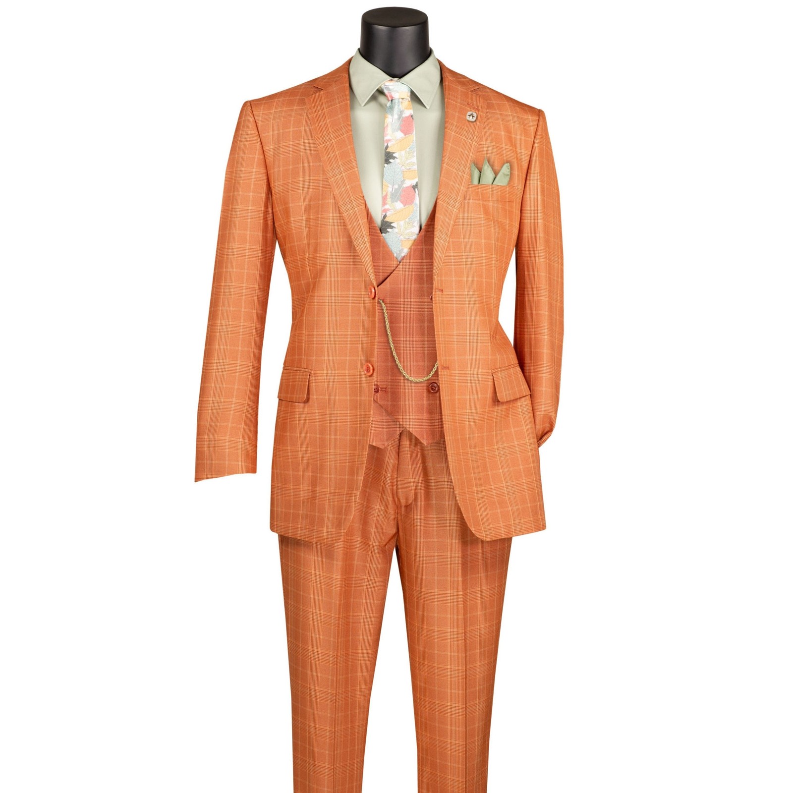 VINCI Men’s Rust Sharkskin Glen Plaid 3 Piece Classic Fit Suit – NEW