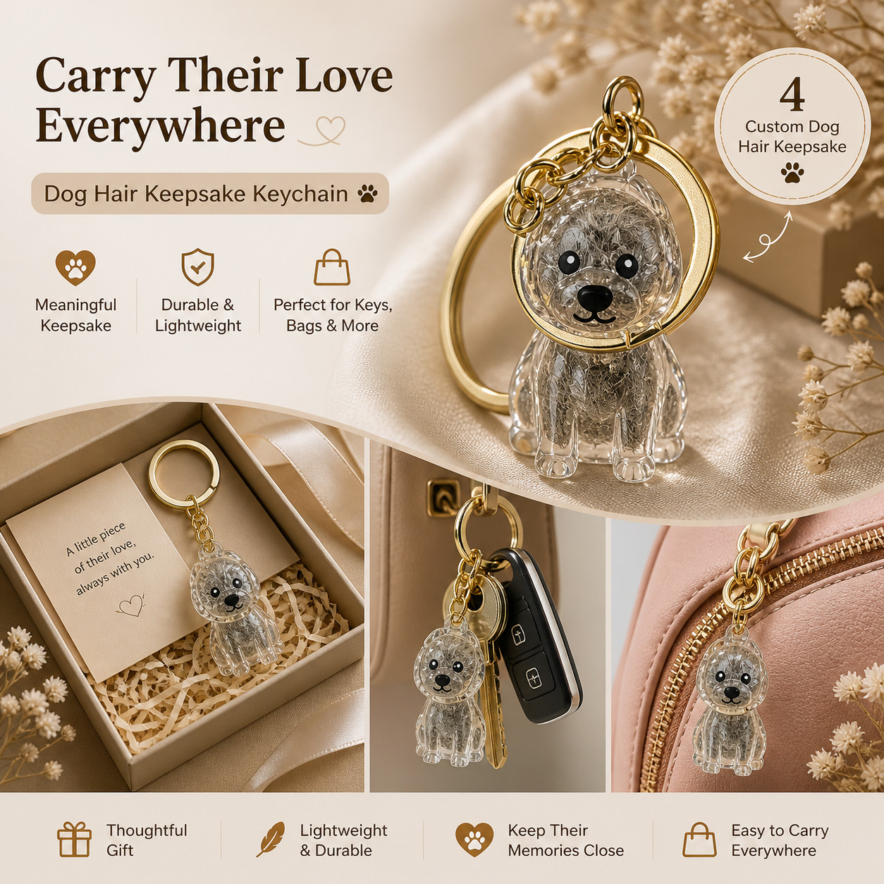 Dog Hair Collector Keychain Charm Memorial Storage Box, Pet Hair Keepsake