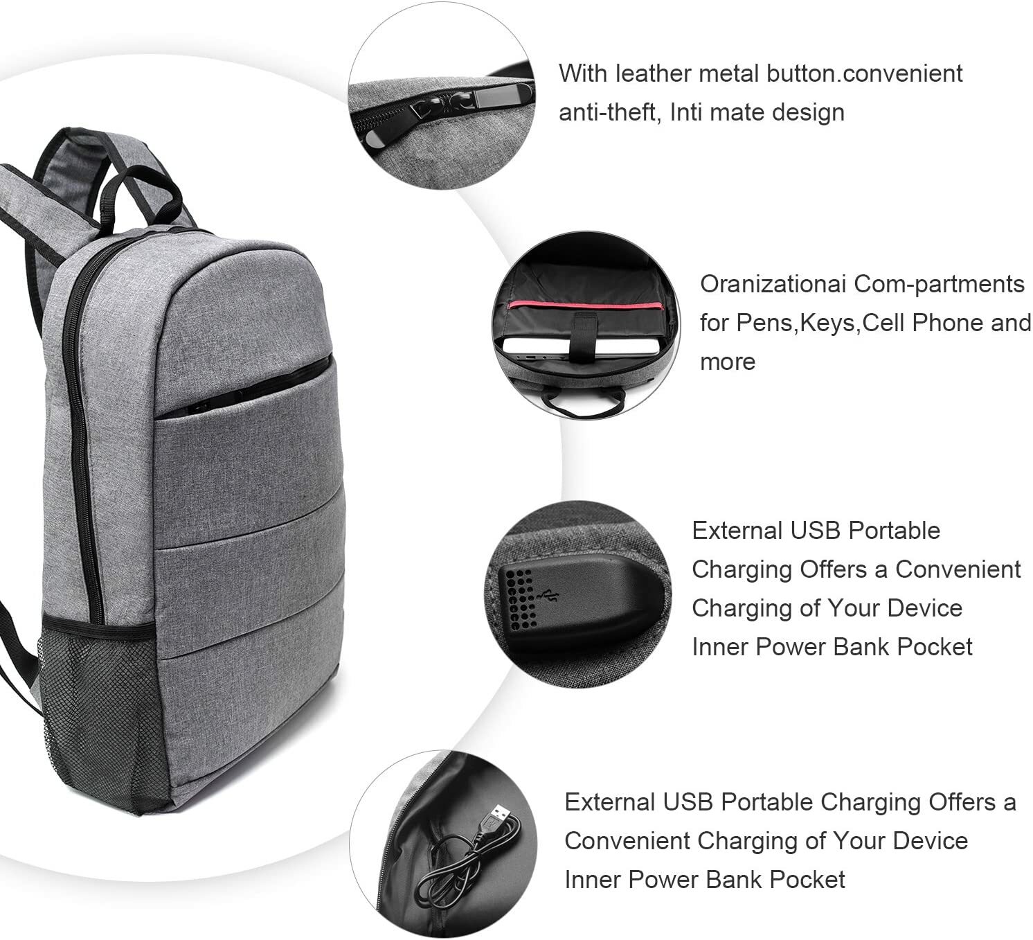 New Large Grey Business Laptop Waterproof Backpack Travel College School Bag