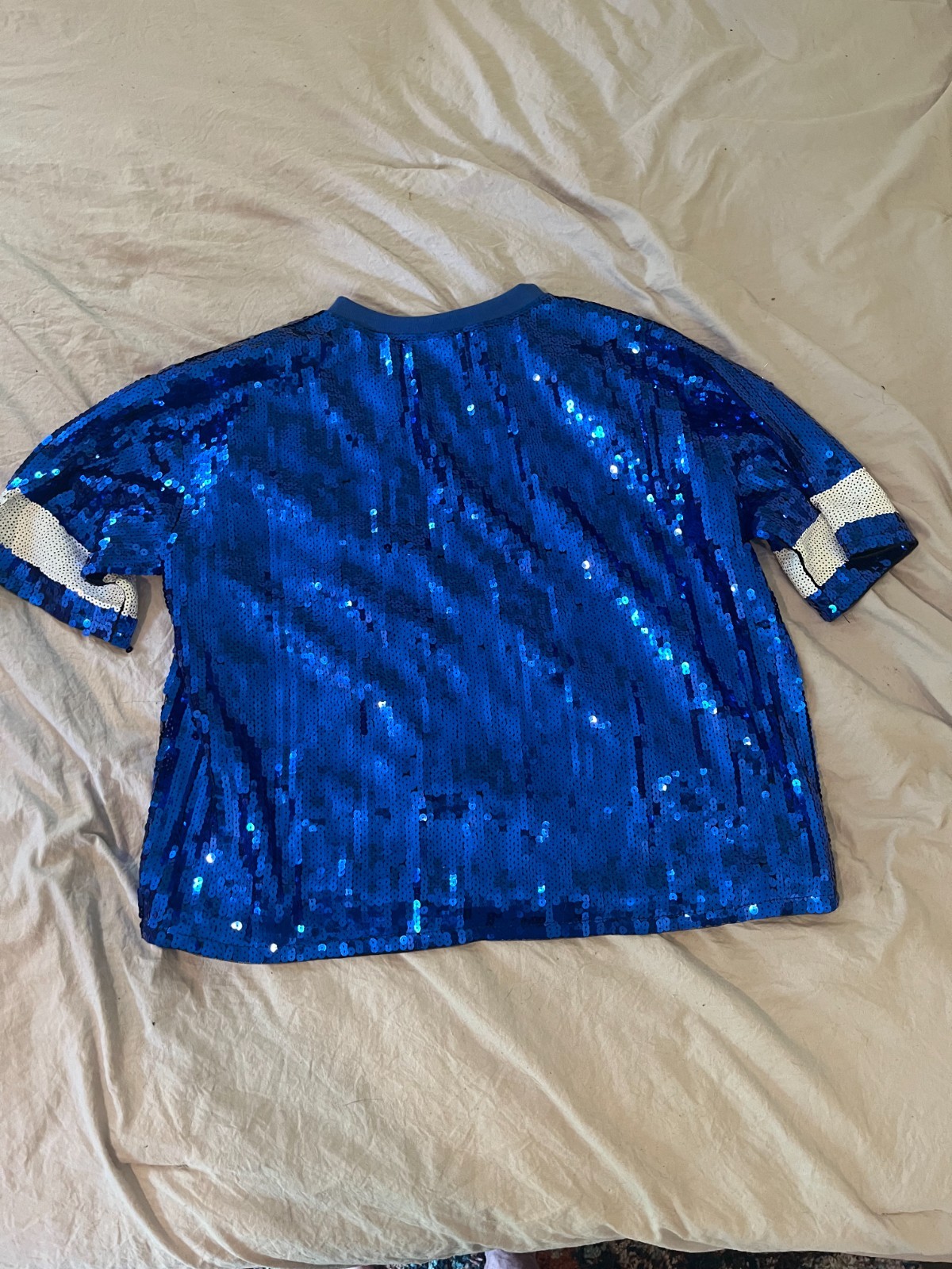 BLAKELEY Royal Blue Sequin TOUCHDOWN Football Jersey Tee Shirt Womens L/XL Gamed