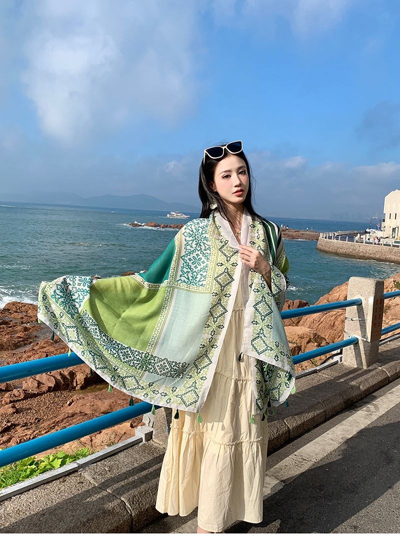 Green Ethnic Scarf Shawl Wrap Cotton Linen Lightweight Cover for Summer Beach