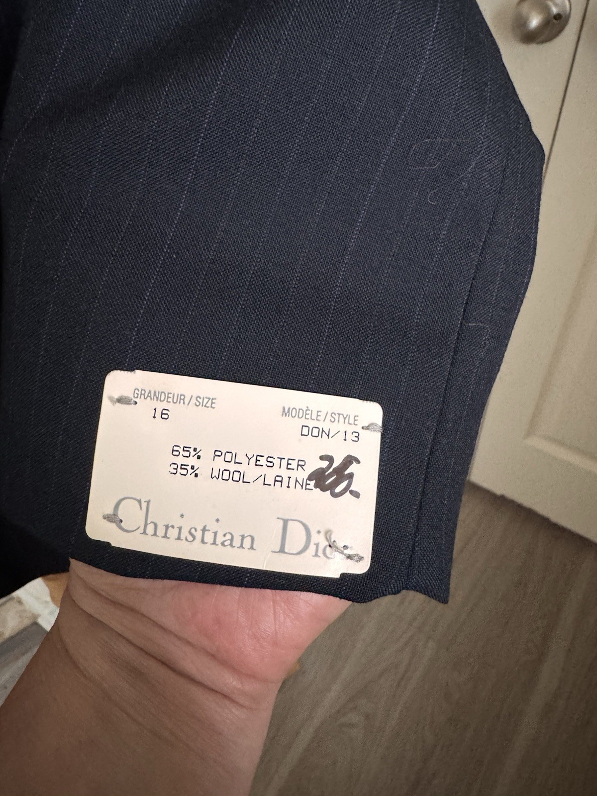 Vintage Christian Dior Pinstripe Wool Blend Pantsuit Doubl Breasted Blazer Sz 16
