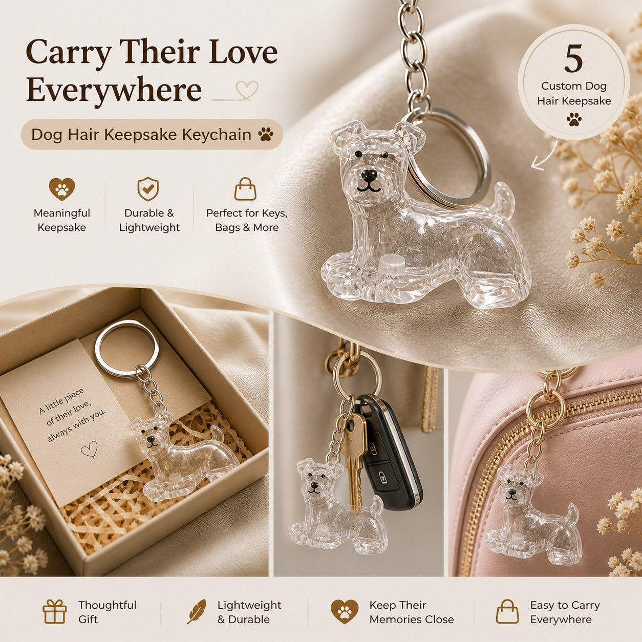 Dog Hair Collector Keychain Charm Memorial Storage Box, Pet Hair Keepsake