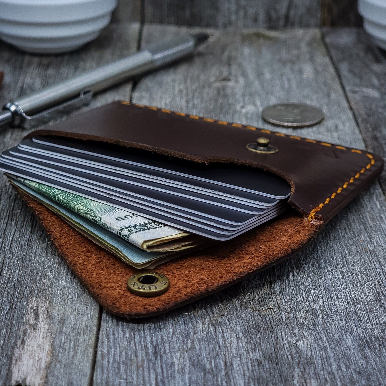 Compact Cards Holder Wallet Front Pocket Snap Leather Wallet Case Gift Engraving