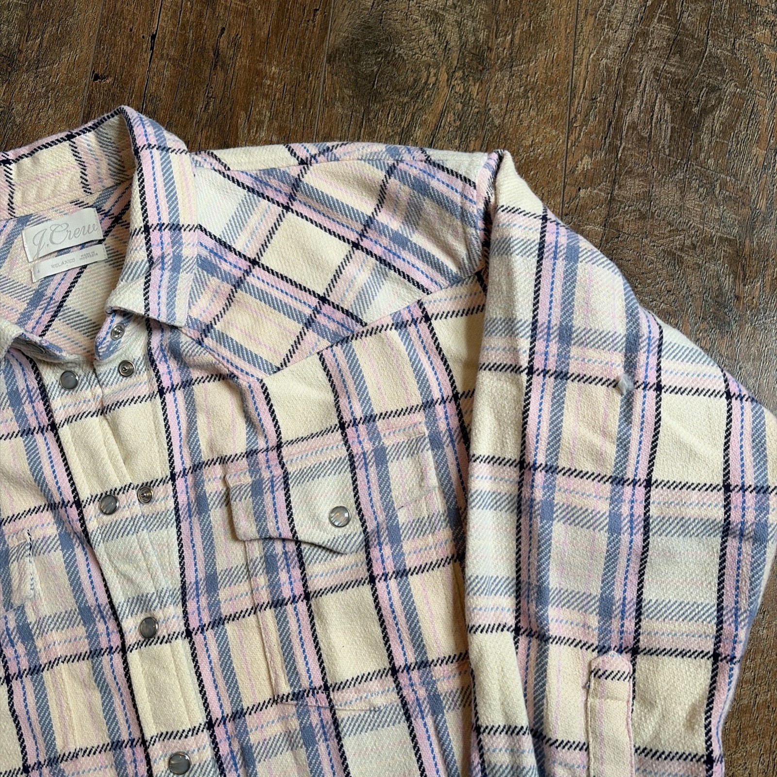 J Crew | 100% Cotton ‘Relaxed Fit’ Blue & Pink Plaid Pearl Snap Oversize Flannel
