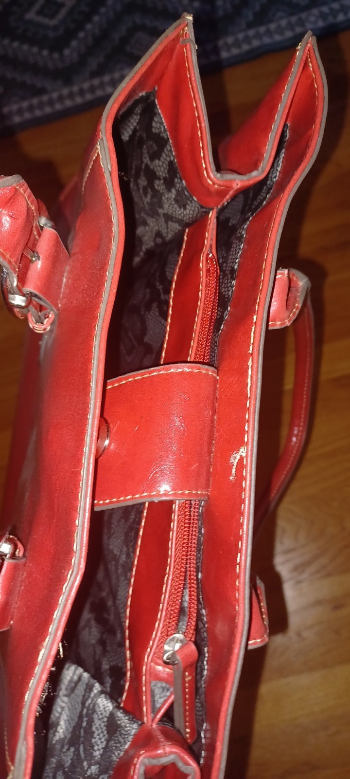 Womens Red Faux Leather, Black Lined Inner Pockets Silver Hardware Medium