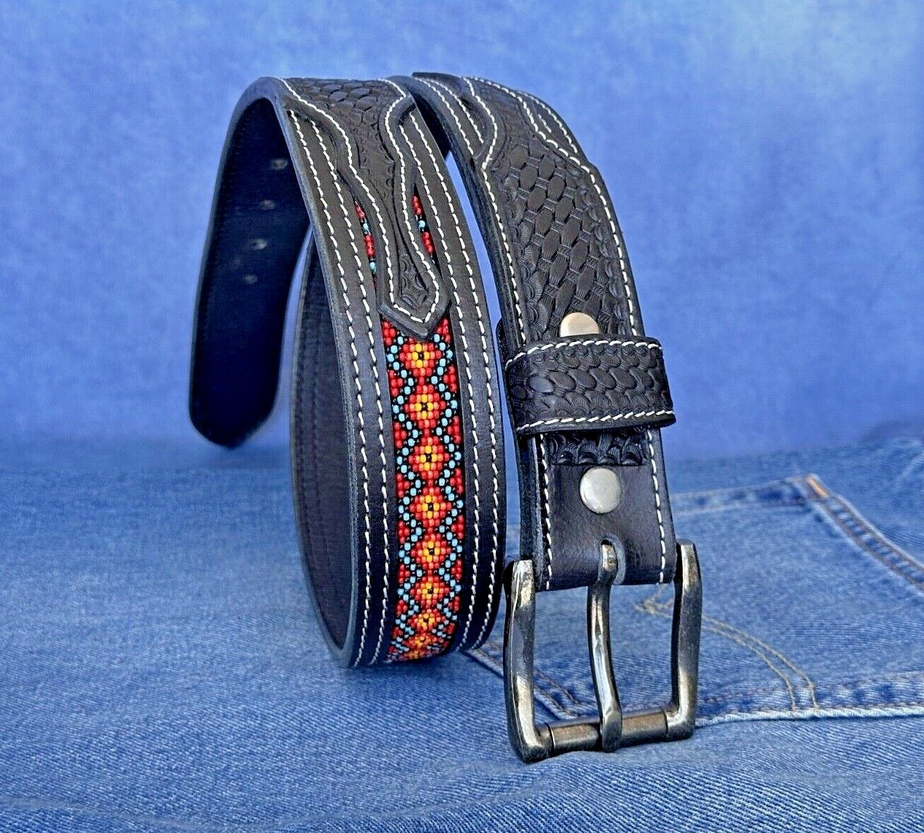 Western Belt Handmade Embossed Full Grain Leather Heavy Duty With Removal Buckle
