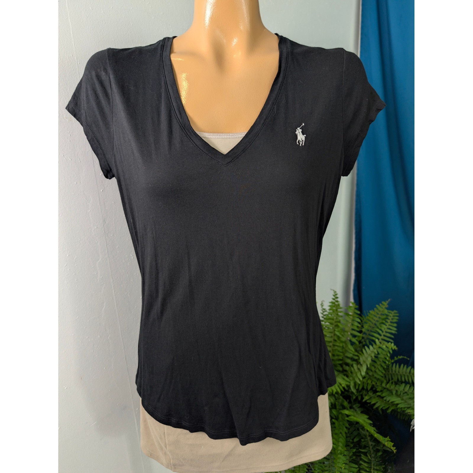Polo Ralph Lauren T-Shirt Women Medium Black V-Neck Cotton Blend Logo Capsule