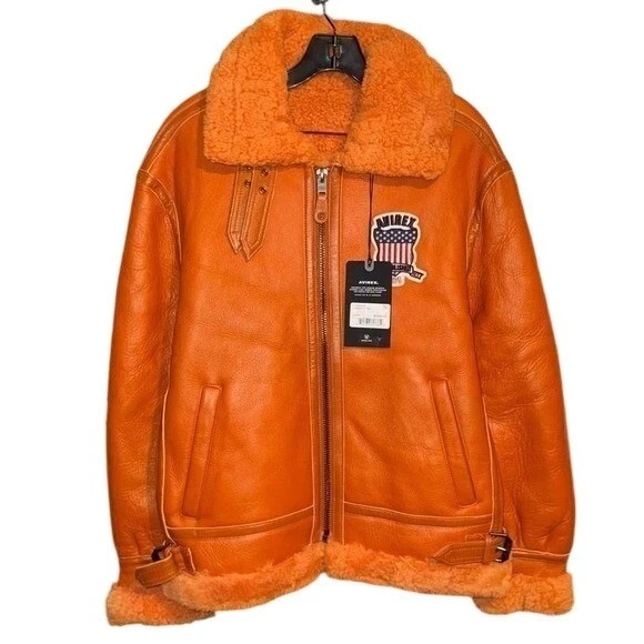 Avirex USA Mens Orange Leather B-3 Bomber Shearling Flight Jacket Size S to 3XL