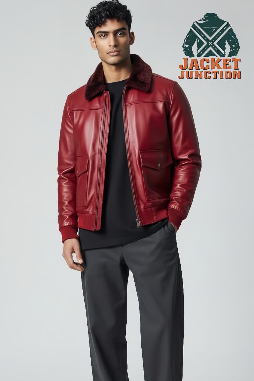 Men’s Lambskin Leather Bomber Jacket Faux Fur Collar Aviator Pilot Coat