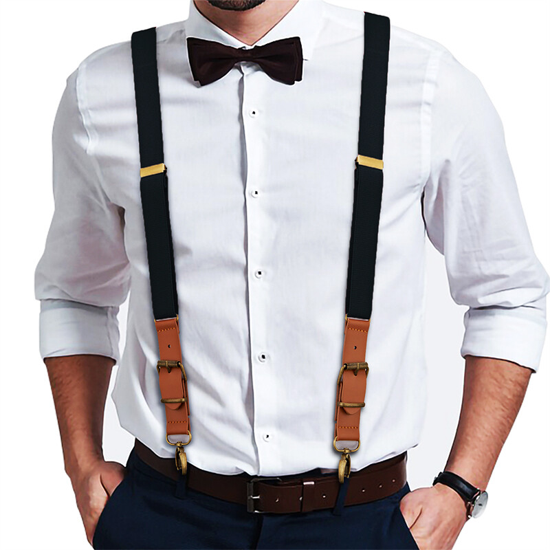 Men’s Suspenders Y Back Adjustable Leather Elastic Y-Shaped Hooks Pants Braces