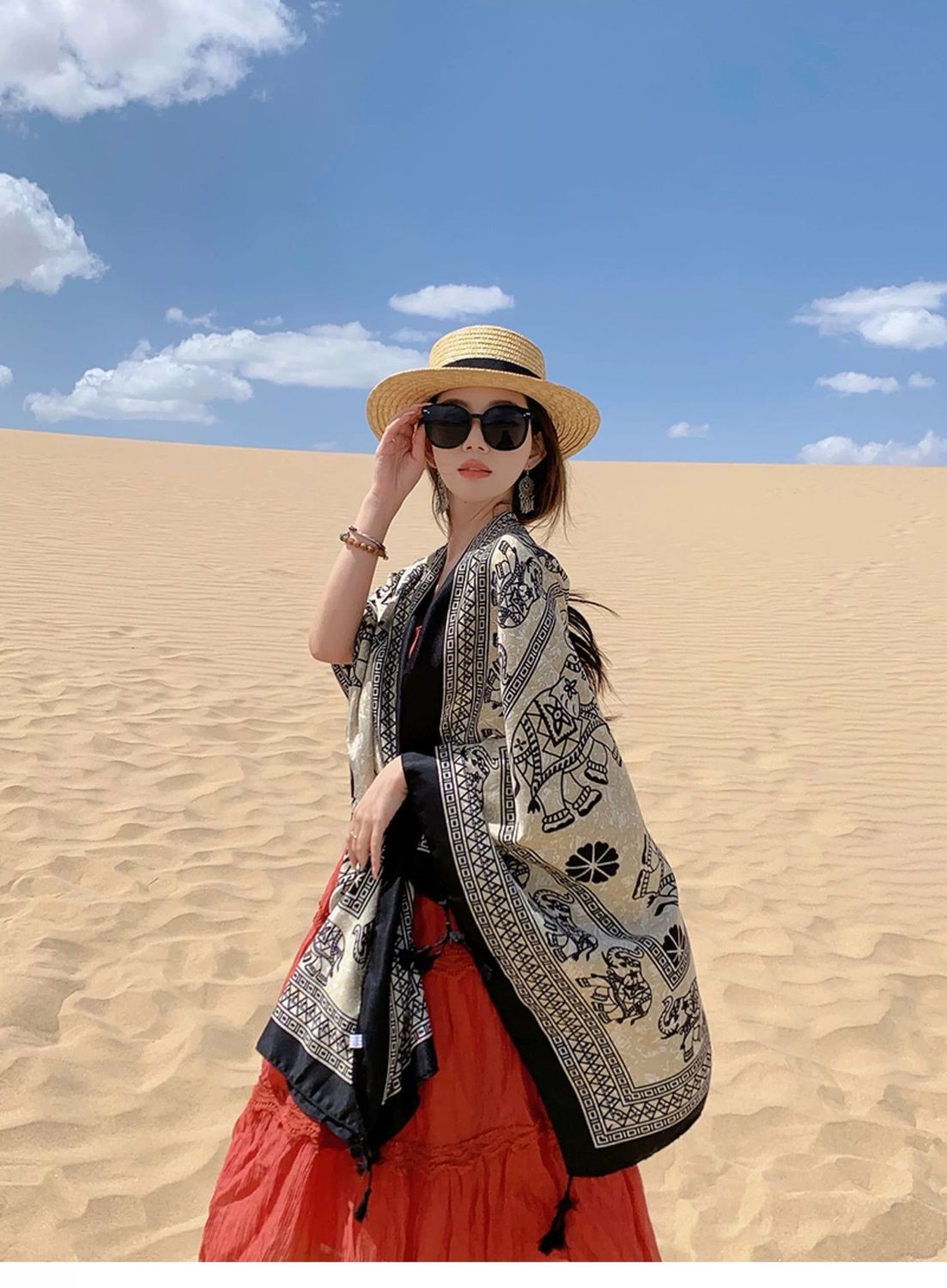 Elephant Print Scarf Shawl Wrap Ethnic Lightweight Cover for Summer Travel Sun