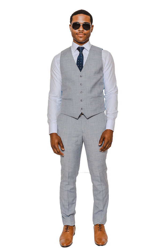 Slim Fit SILVER 3 Piece Vested 2 Button Windowpane Notch Lapel By AZARMAN 16308