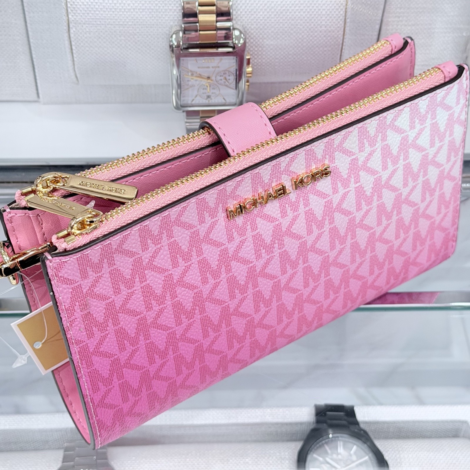 Michael Kors Jet Set Travel Double Zip Wristlet Wallet MK Logo Ombre Carnation