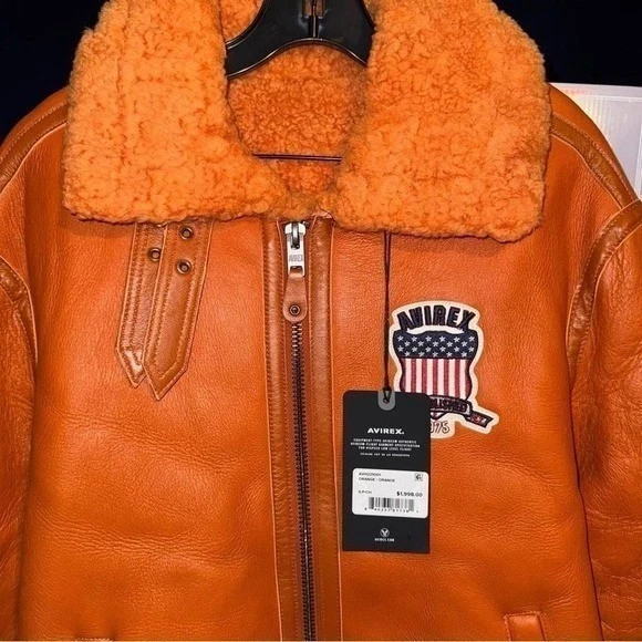 Avirex USA Mens Orange Leather B-3 Bomber Shearling Flight Jacket Size S to 3XL
