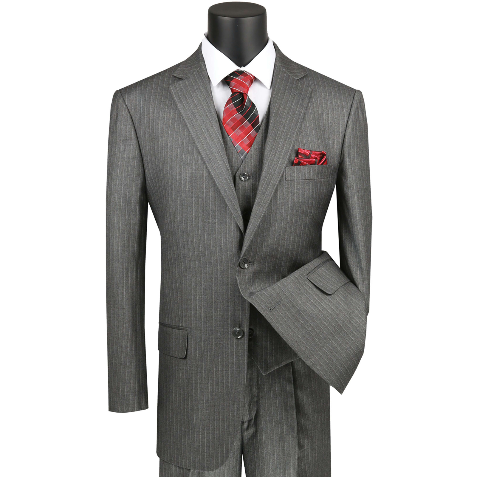 VINCI Men’s Medium Gray Pinstripe 3 Piece 2 Button Classic Fit Suit – NEW