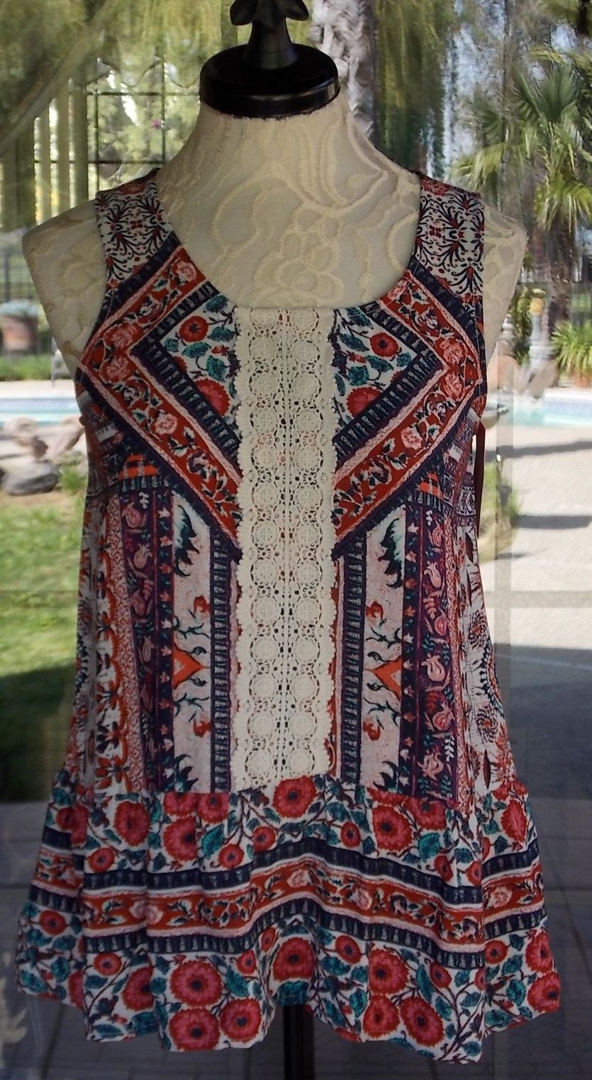 Sleeveless Tunic Blouse Macrame & Ruffle Trim Xhilaration Sz. S 34″ Bust