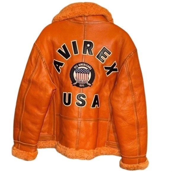 Avirex USA Mens Orange Leather B-3 Bomber Shearling Flight Jacket Size S to 3XL