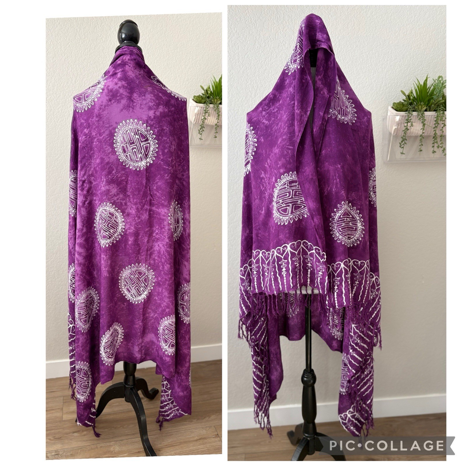 Purple Mandala Print Fringe Scarf Shawl Wrap Boho Resort Cover-Up 47” x 63”