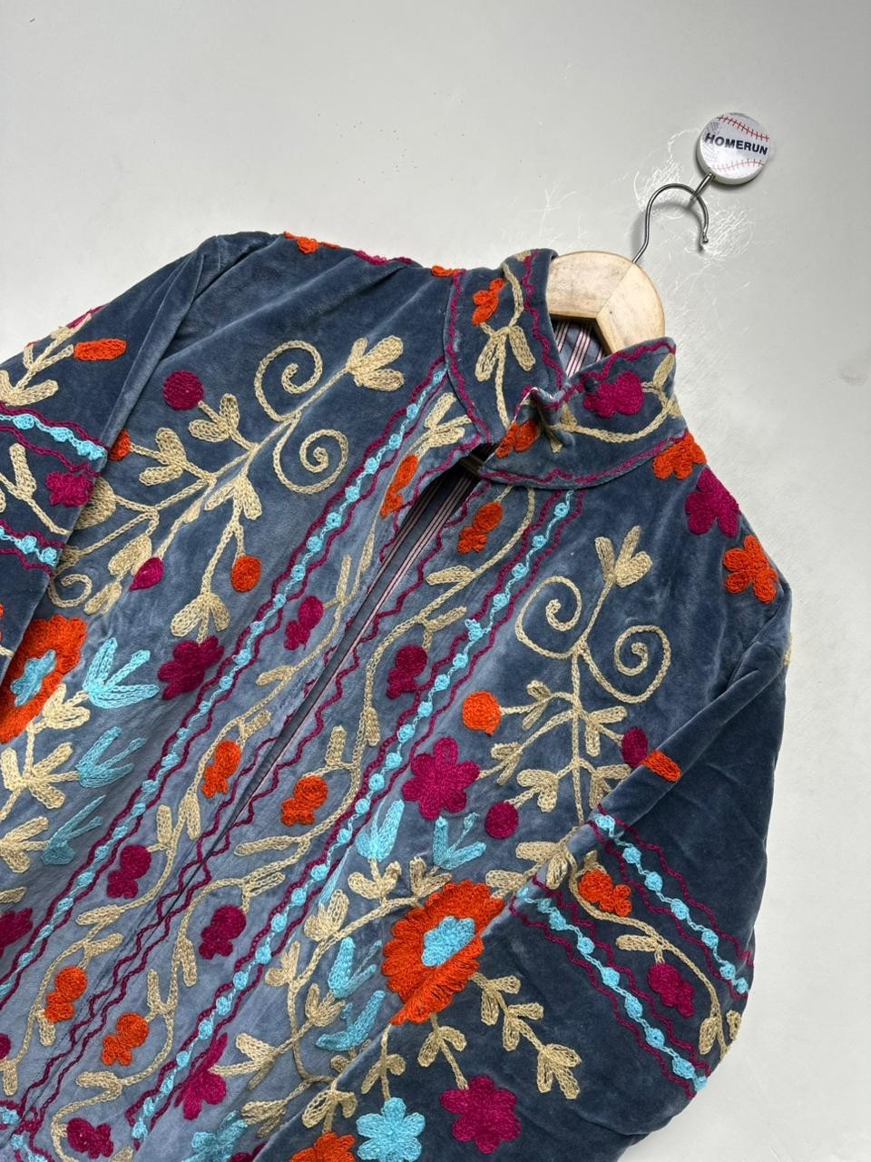 Blue Velvet Suzani Embroidered Jacket Floral Women Boho Festival Statement Coat