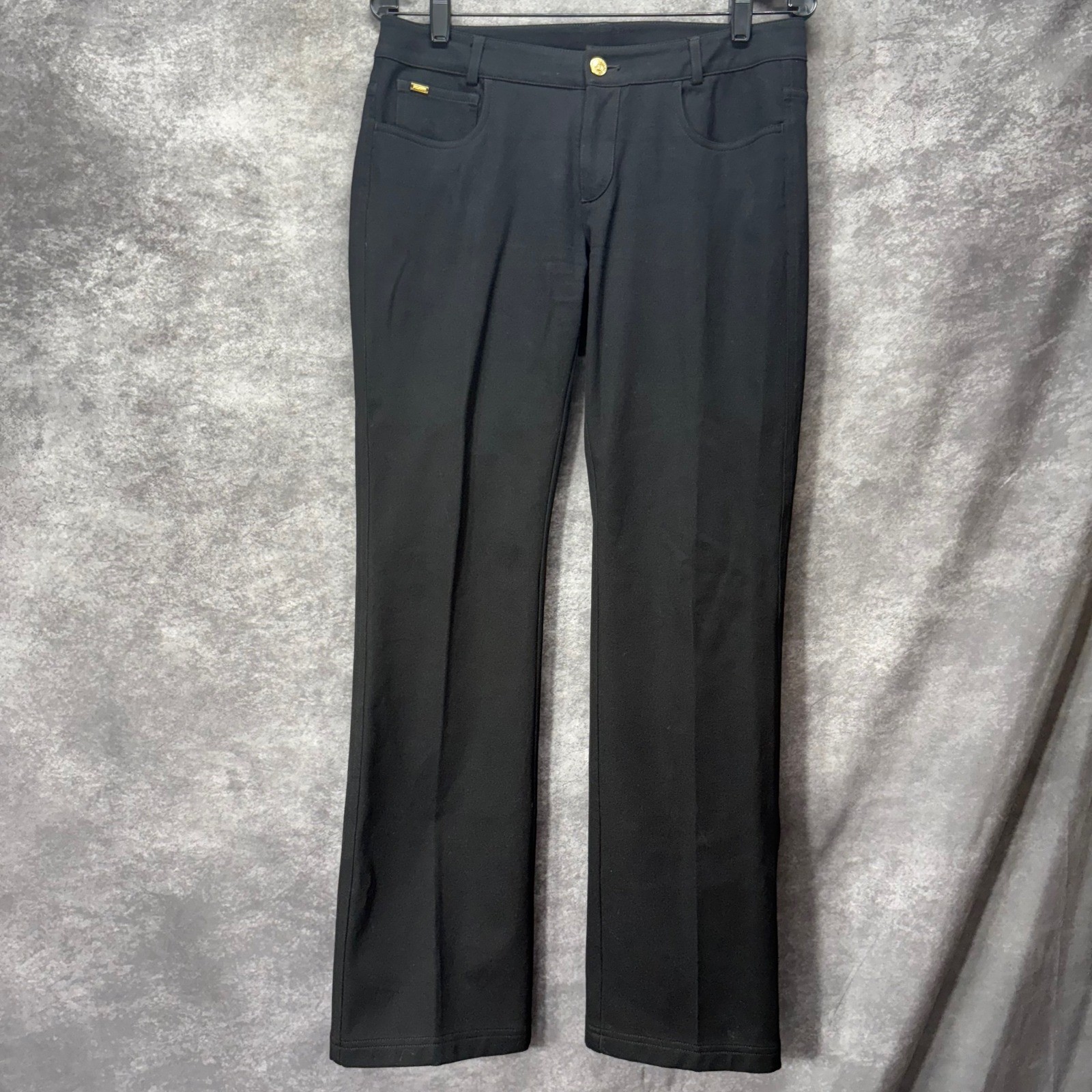 St John Black Bootcut Knit Pants Size 6 Gold Studded Back Pocket Glam Old Money