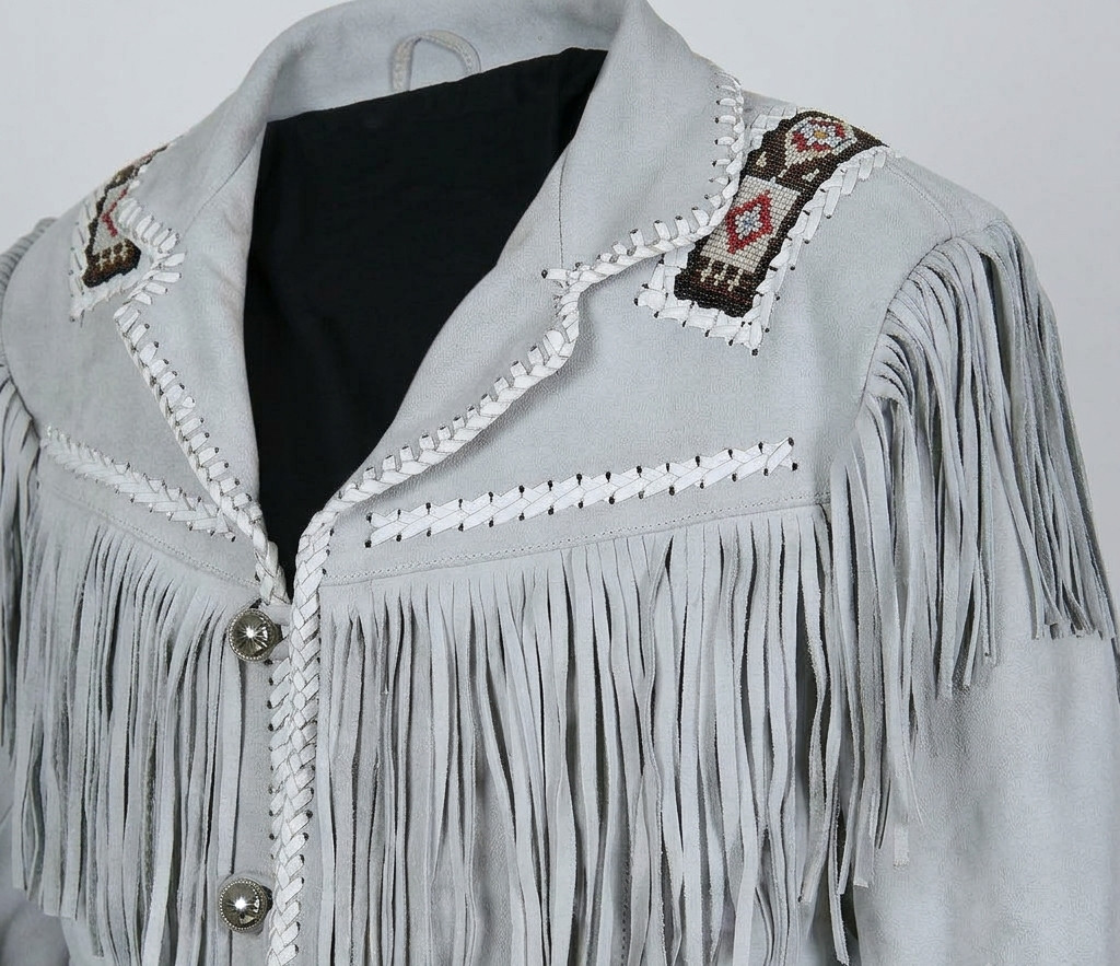 Men’s Grey Suede Leather Cowboy Jacket Western Fringe Beaded Native American