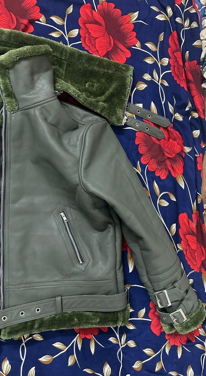 Men’s Gray Leather Bomber Flight Jacket Faux Fur Collar Full Zip Handmade Coat