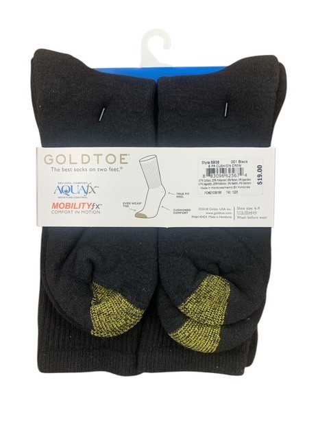 GoldToe Black Cotton crew Sock 6 Pair Shoe Size 6-9
