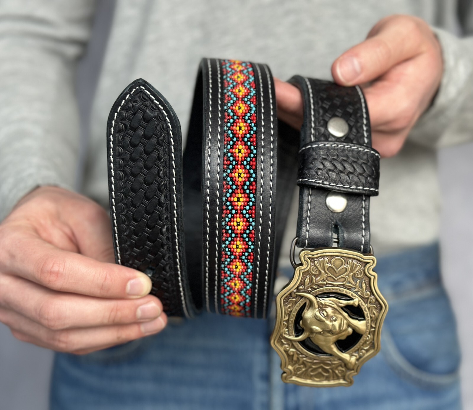 Western Belt Handmade Embossed Full Grain Leather Heavy Duty With Removal Buckle