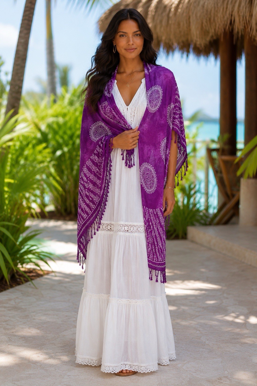 Purple Mandala Print Fringe Scarf Shawl Wrap Boho Resort Cover-Up 47” x 63”
