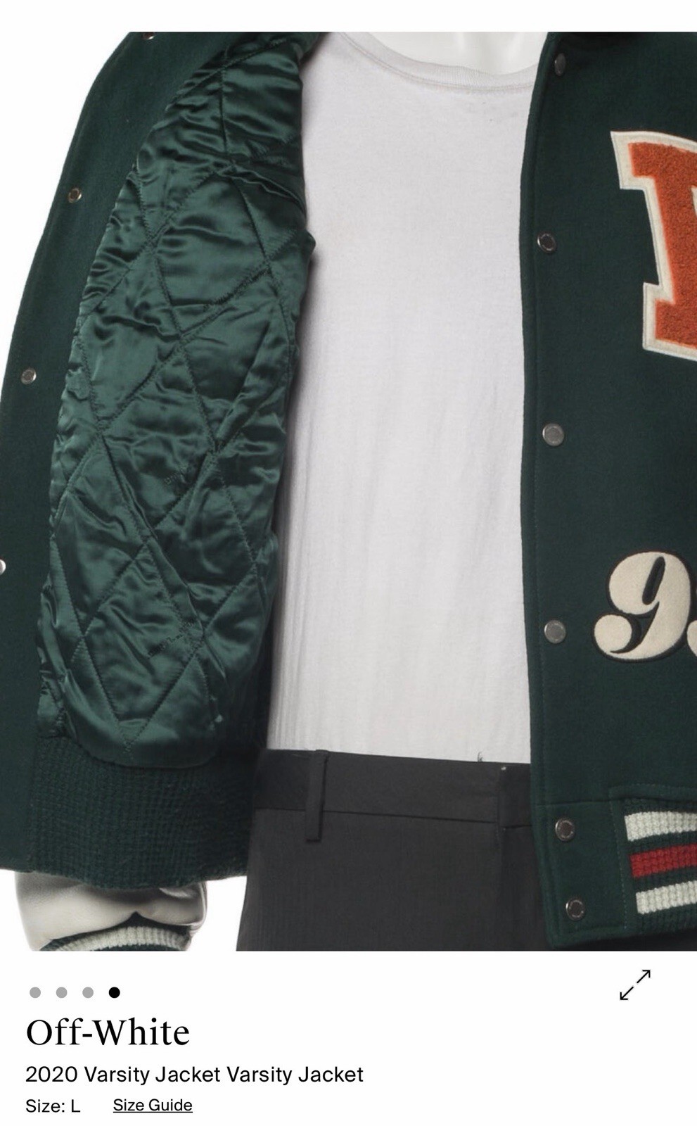 Off-White Men’s Green/White Varsity Jacket Size L Snap Closure Embroidered Logo