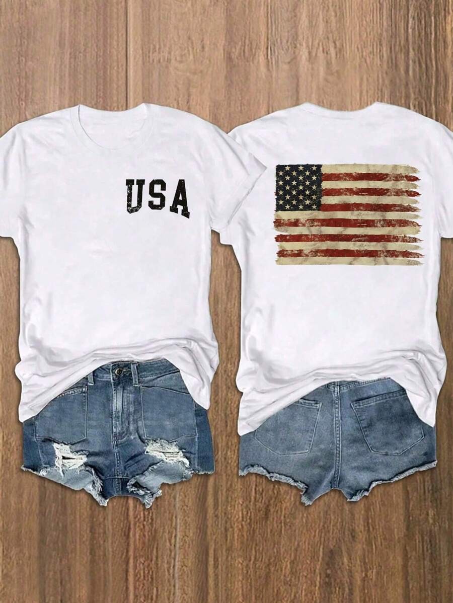 Women’s Short Sleeve T-Shirt With American Flag And Slogan Print Graphic Tees