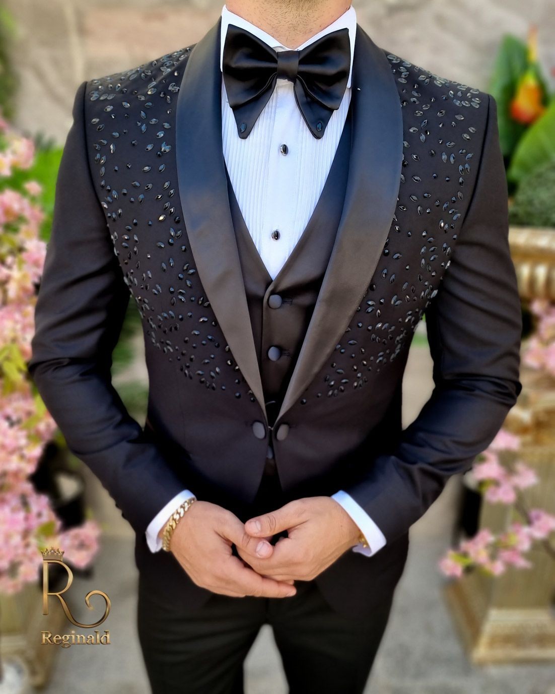 Black Men’s Suits Beading Diamond 3PCS Luxury Prom Party Dinner Jacket Coat