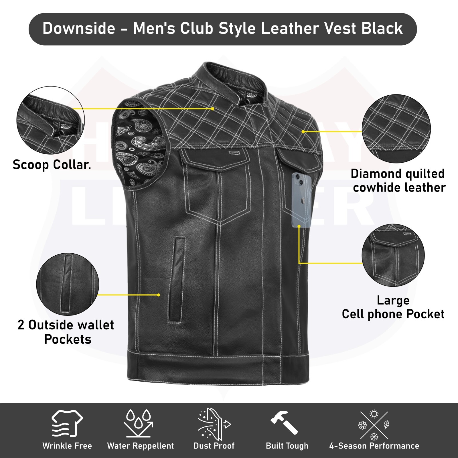 HL11693SPTWHT WHITE Black Men Cross Stitch Club Leather Vest