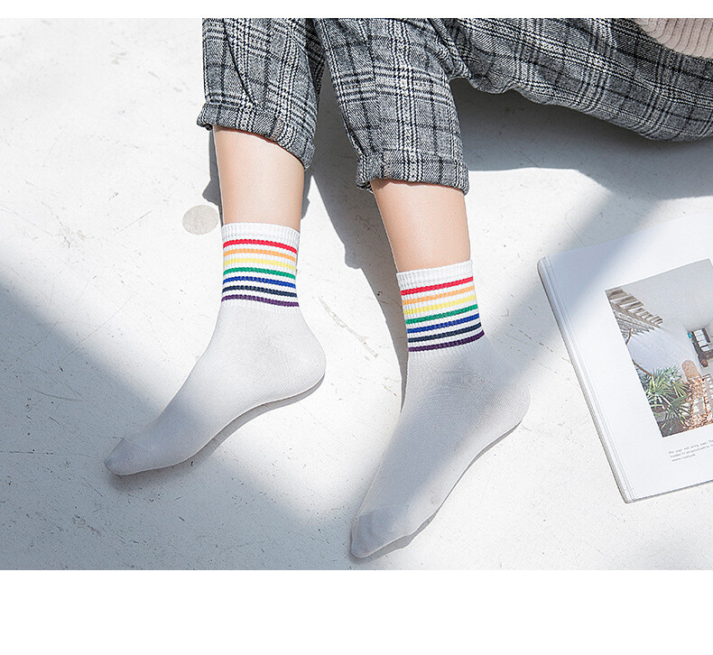 Women Socks Striped Cotton High Ankle Crew Sock Pride Stocking Rainbow Triangle