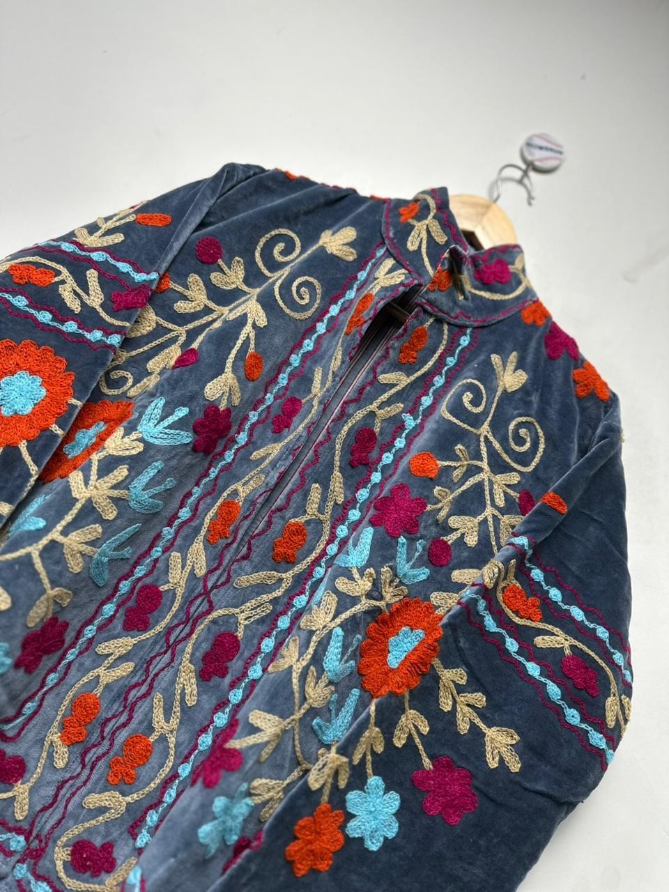 Blue Velvet Suzani Embroidered Jacket Floral Women Boho Festival Statement Coat