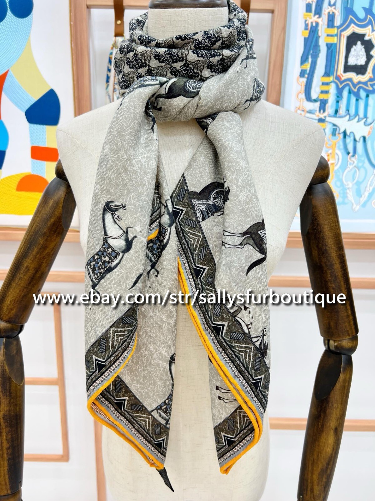 Sallys 70% Cashmere & 30% Silk Wrap Scarf Horses Print Double Face Shawl 53″
