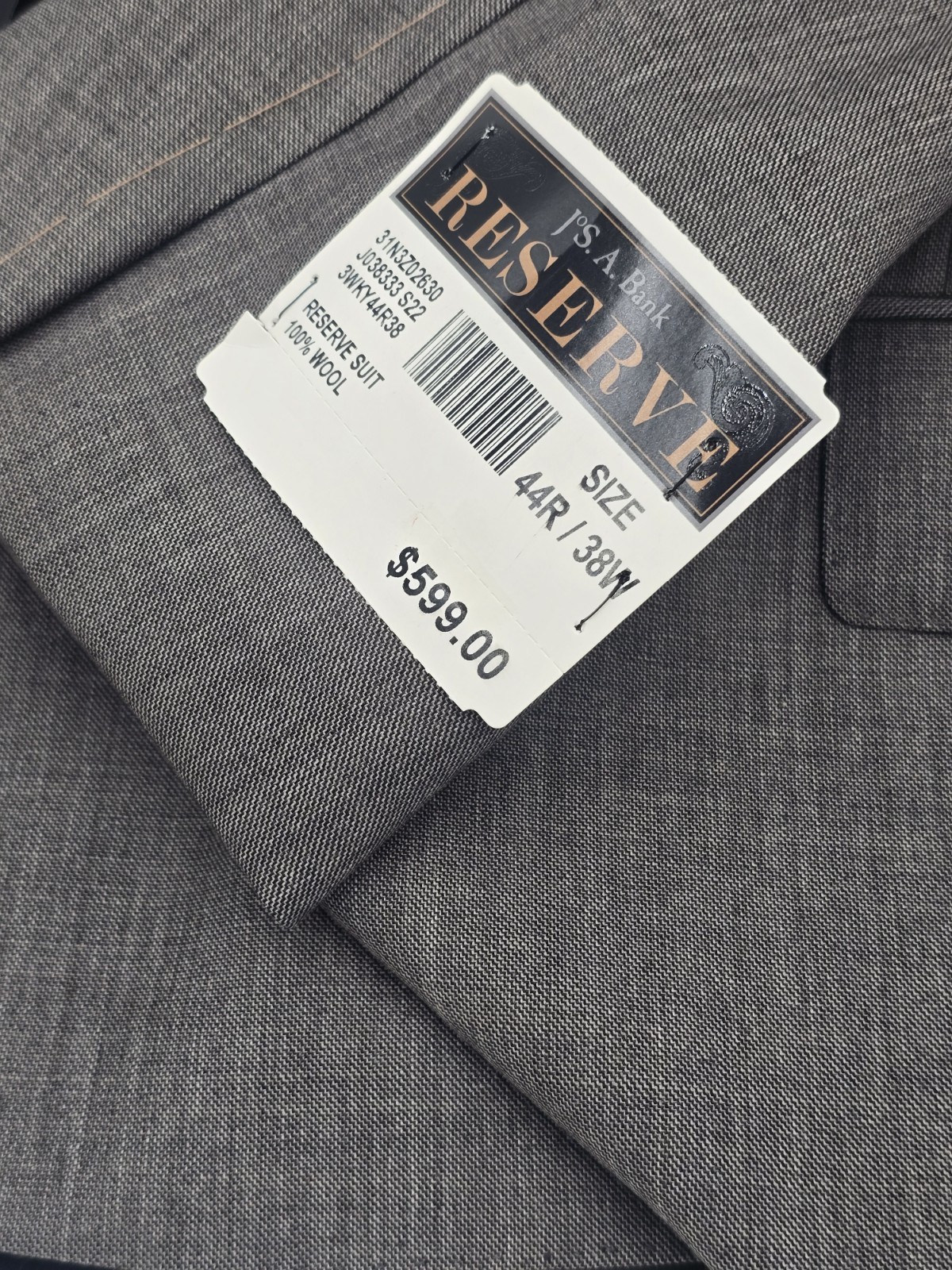 Jos. A. Bank Reserve Gray Worsted Wool 2-Piece Suit Tailored 44R 38W