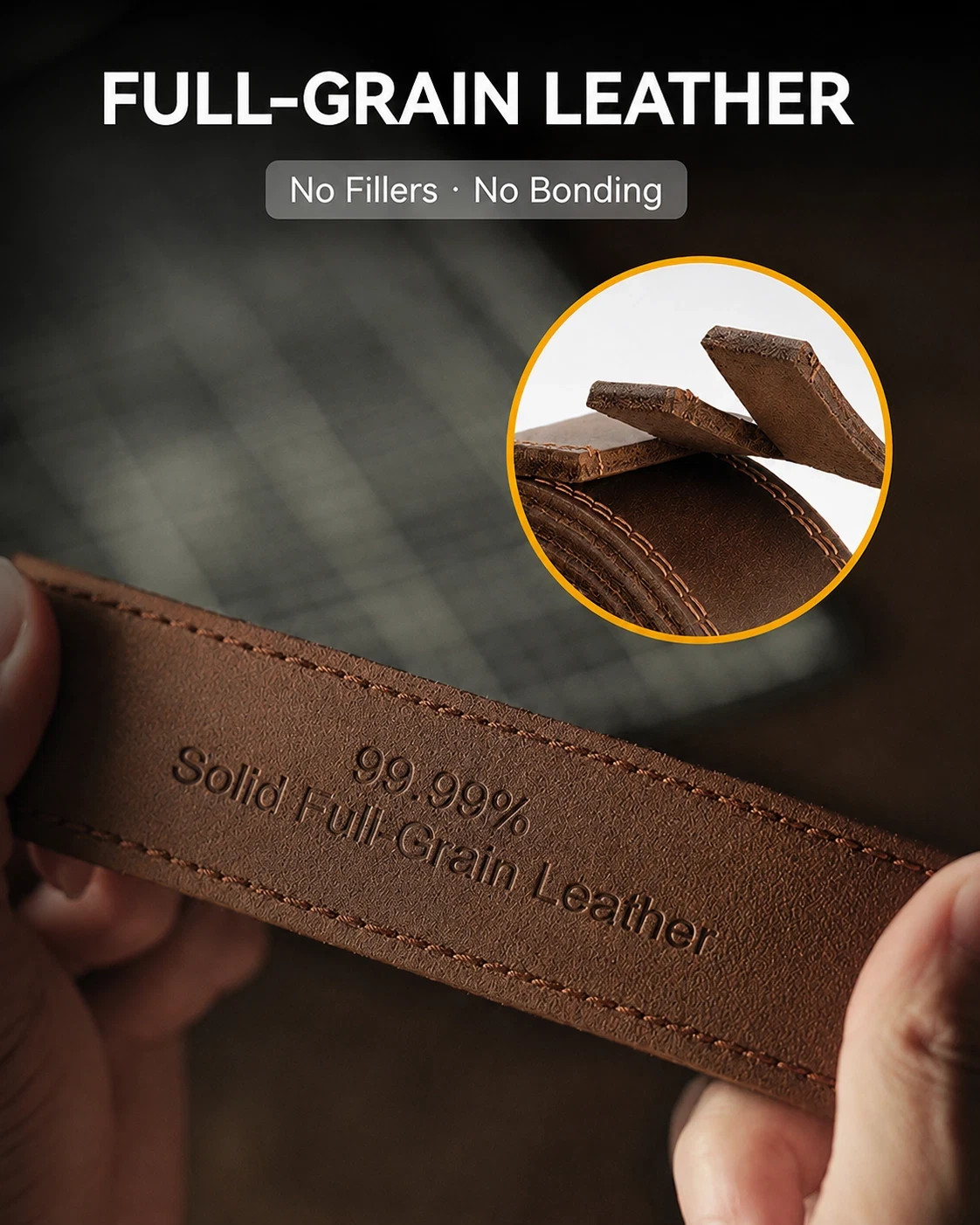 Men’s Genuine FULL GRAIN Leather Belt, Brown Zinc Alloy Pin Buckle Size 28-46