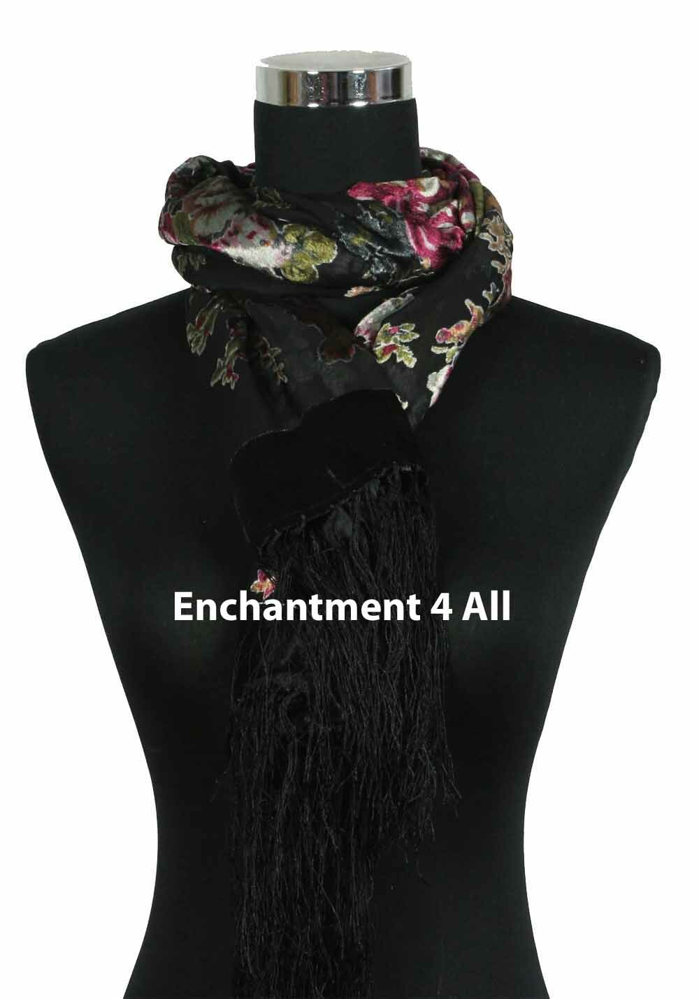 Elegant 100% Silk Burnout Velvet Vintage Floral Oblong Scarf Shawl Wrap, Black
