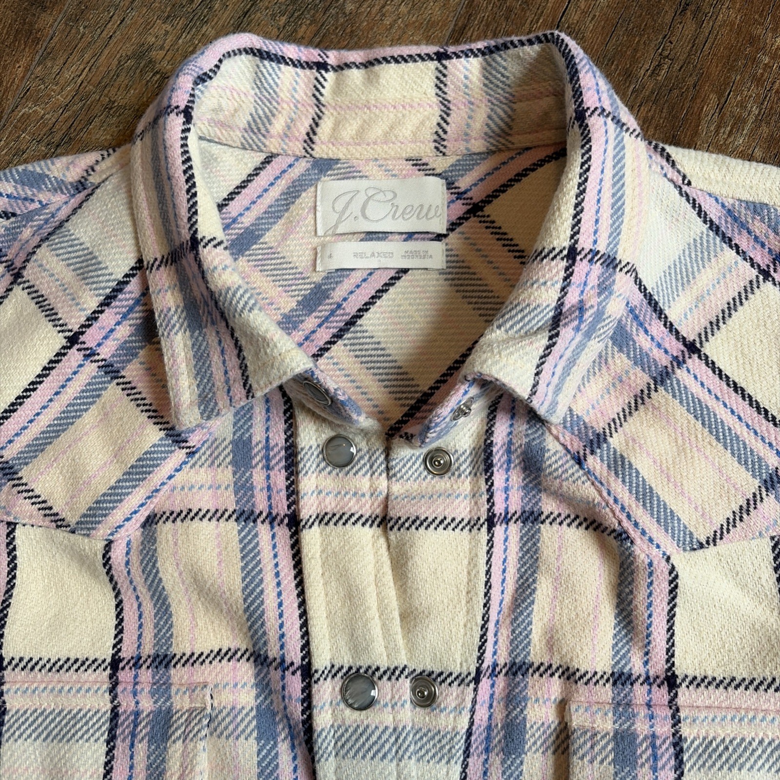 J Crew | 100% Cotton ‘Relaxed Fit’ Blue & Pink Plaid Pearl Snap Oversize Flannel