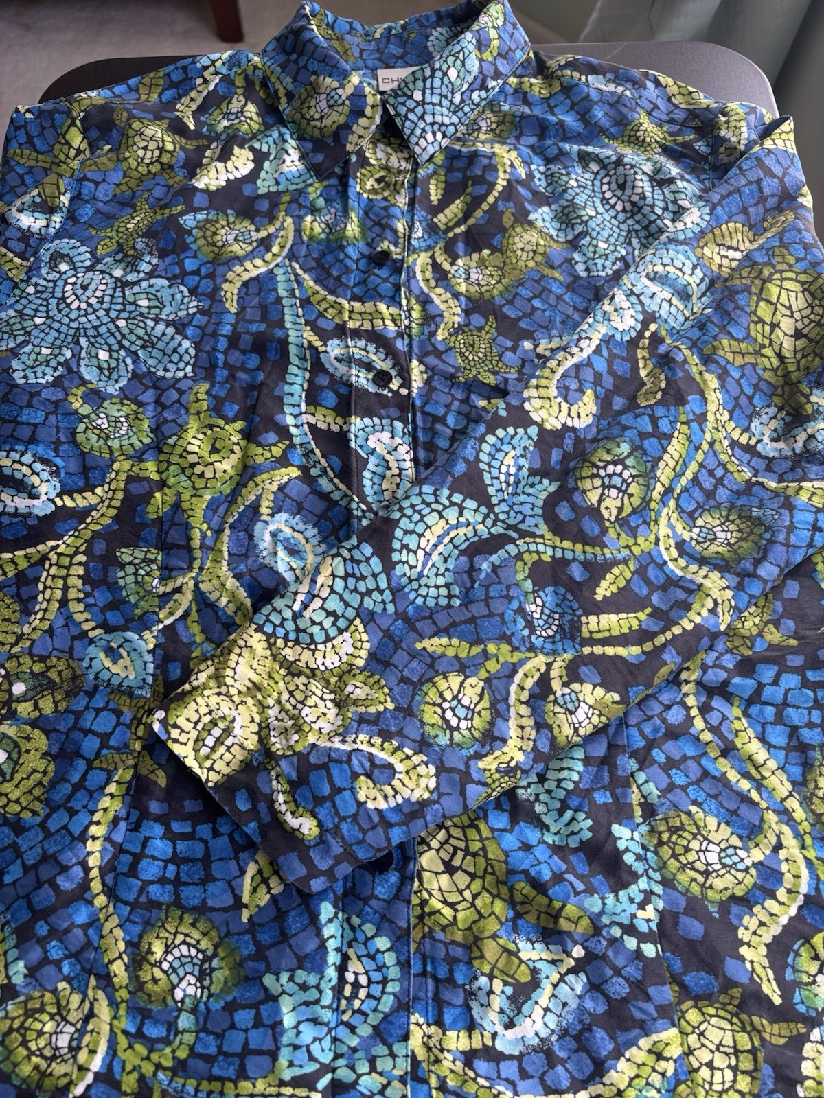Chicos Womens 100% Silk Long Sleeve Teal Print Blouse Size 3