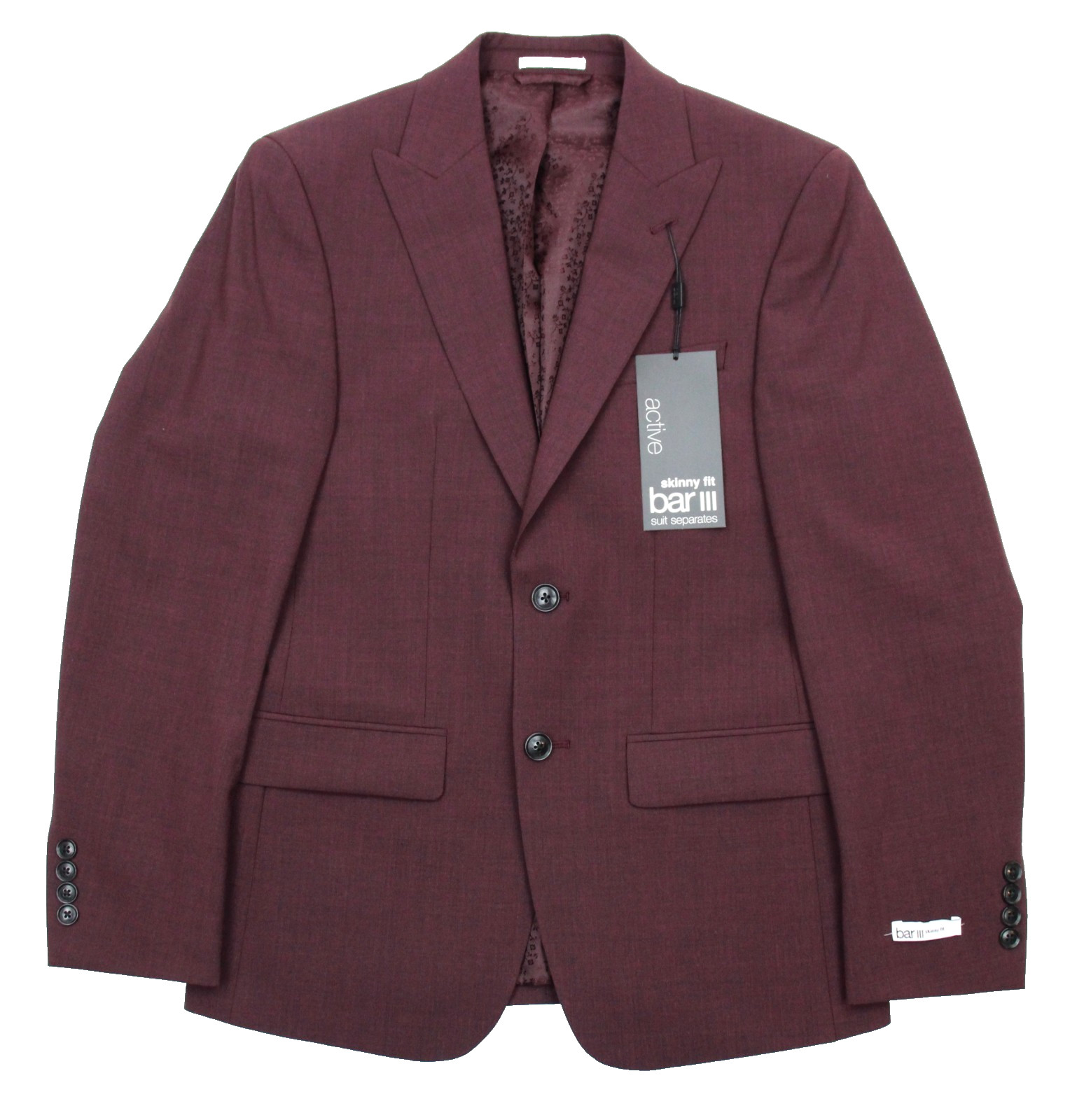 Bar III Suit Jacket 40 L Mens Skinny Fit Burgundy Red Wool Peak Two Button NWT