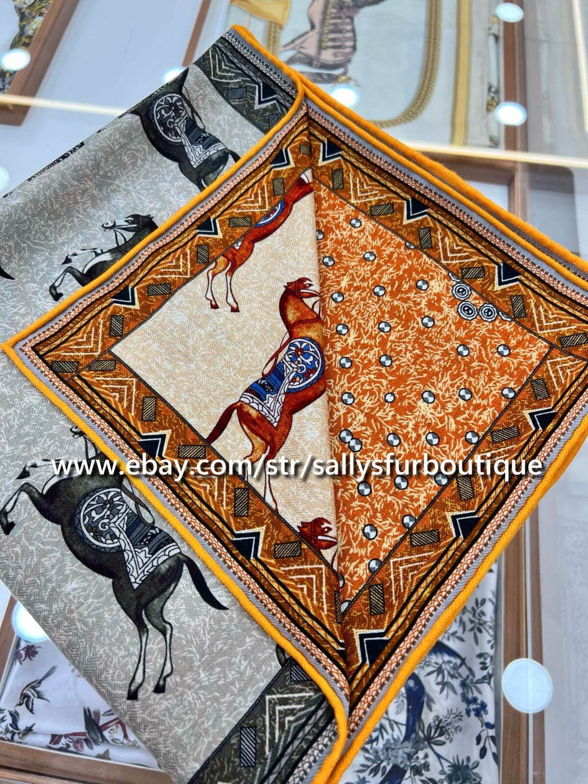 Sallys 70% Cashmere & 30% Silk Wrap Scarf Horses Print Double Face Shawl 53″
