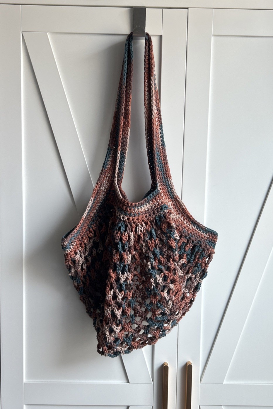 Crochet Cotton Market Bag, Brown Blue Tan, Beach Bag, Eco-Friendly Mesh Bag