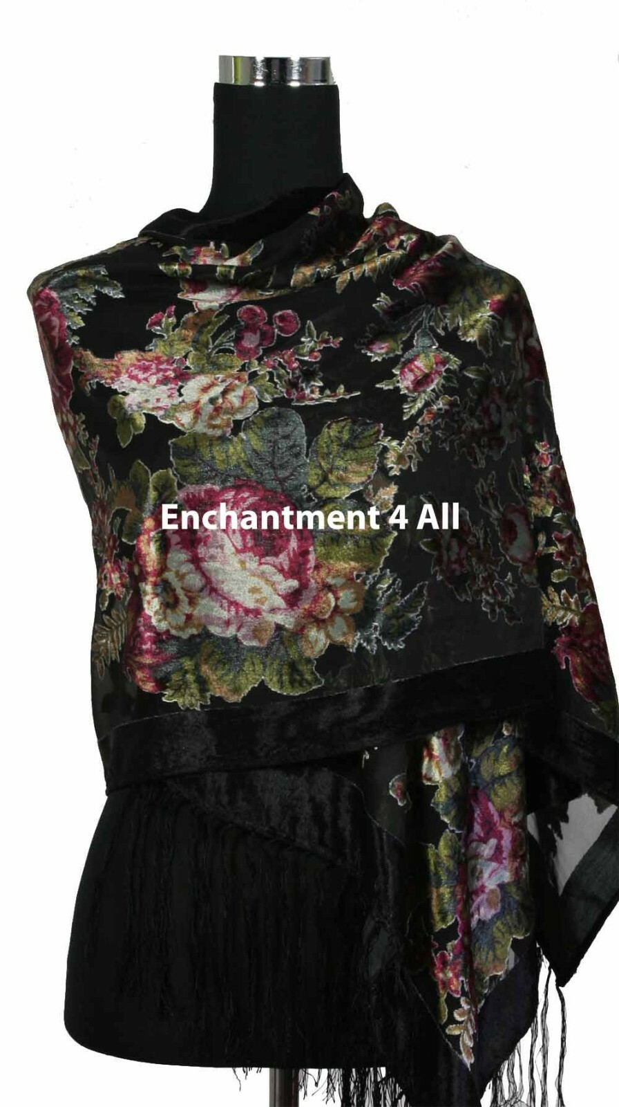 Elegant 100% Silk Burnout Velvet Vintage Floral Oblong Scarf Shawl Wrap, Black