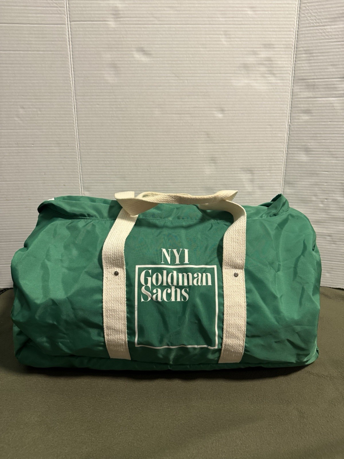 Vintage NYI Goldman Sachs Duffel Bag Green Retro Wall Street Gym Travel Rare