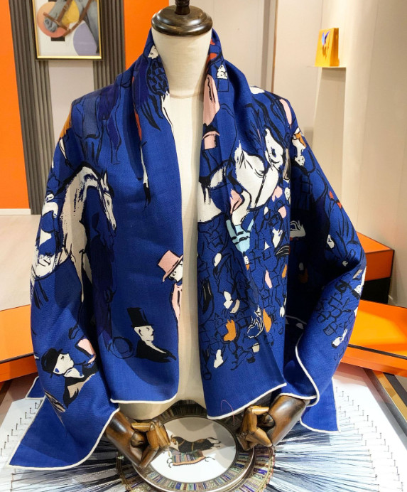 70% Cashmere 30% Silk Bandana Scarf Blue leaf Print Neckerchief Shawl wrap 53”